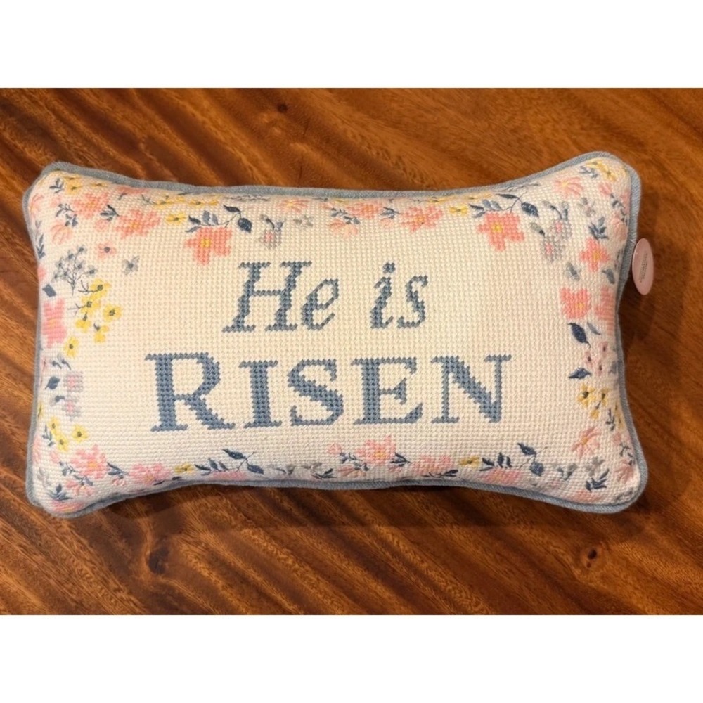 Love + Light "He Is Risen" Needlepoint Decorative Pillow Floral Blue 14x8 NWT